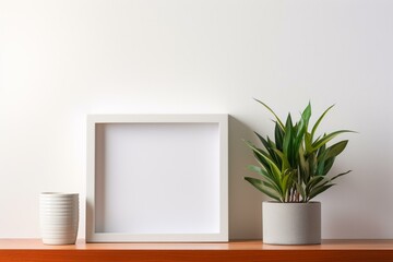 A minimal composition featuring a white square frame and a group of indoor plants on a bookshelf. Generative AI