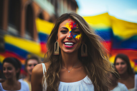 a smiling Colombian female demonstrator painted in the national colors of Colombia