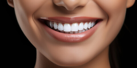 Obraz premium Create an attention-grabbing banner with a close-up of a gorgeous woman showcasing her white perfect teeth against a dark black background. Dental health and beauty concept.