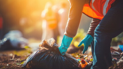Close-up of a young volunteer, emphasizing global pollution concerns while cleaning up trash.Pollution Concept