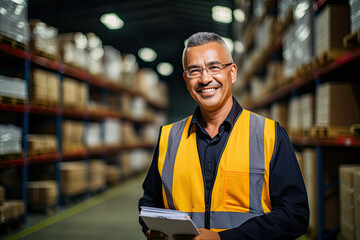 Efficient warehouse manager overseeing packaging and logistics, ensuring safe and organized merchandise distribution with a cheerful smile.
