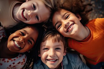Happy children of diverse backgrounds playing together outdoors in a park during the summer, sharing laughter and joy.