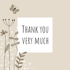 Thank you very much - Schriftzug in englischer Sprache - Vielen Dank. Quadratische Dankeskarte mit floralem Design in Sandfarben.