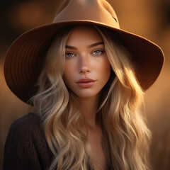 Portrait of a beautiful blonde woman with long hair and a hat