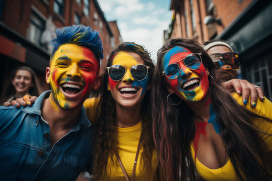 Cheerful Colombian Demonstrators Or Fans Painted In The National Colors Of Colombia