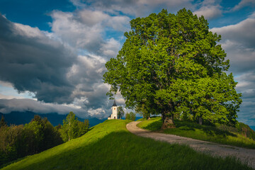 Amazing spring scenery and Saint Primoz church, near Jamnik, Slovenia