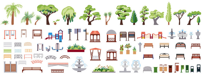 Collection of icons of urban and park infrastructure with romantic gazebos, trees, bushes, palm trees, benches, swings, signs. Big set Urban environment of a European city and public park. - obrazy, fototapety, plakaty