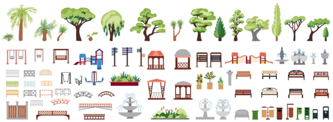 Foto op Aluminium Collection of icons of urban and park infrastructure with romantic gazebos, trees, bushes, palm trees, benches, swings, signs. Big set Urban environment of a European city and public park. © Nadine.de.trevile