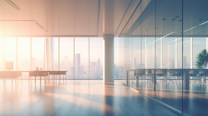Fototapeta premium An elegant and minimalist blurred background image of a modern office with panoramic windows, creating a serene atmosphere.
