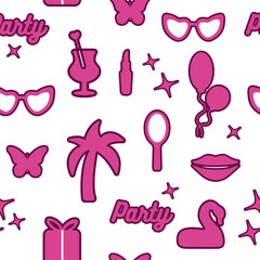 seamless pattern, popular pink collection for girls. heart, ballon, butterfly, star, tree, isolated elements on a pink background. for print, banner, postcard. art vector. barbie style
