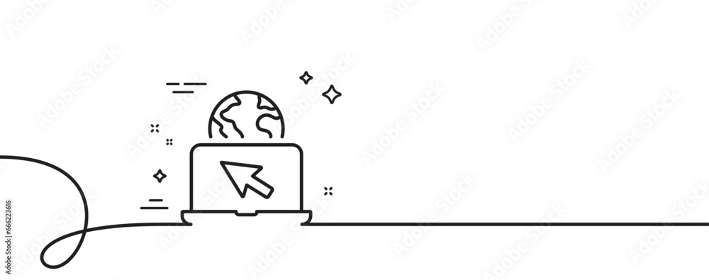 Poster internet line icon. continuous one line with curl. laptop web sign. notebook with cursor symbol. int