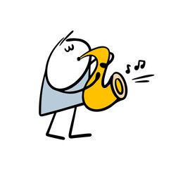 Romantic musician plays a saxophone concert in a cafe and restaurant. Vector illustration of an artist on stage with a musical instrument and sheet music.