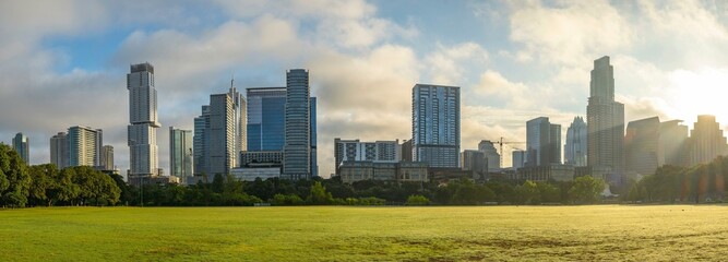 Naklejka premium 4K Image: Austin Texas Morning City Skyline Panorama with Modern Buildings, Urban Beauty at Dawn