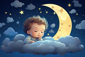 Obraz na płótnie Canvas A little boy sleeps on a cloud under the moon and stars