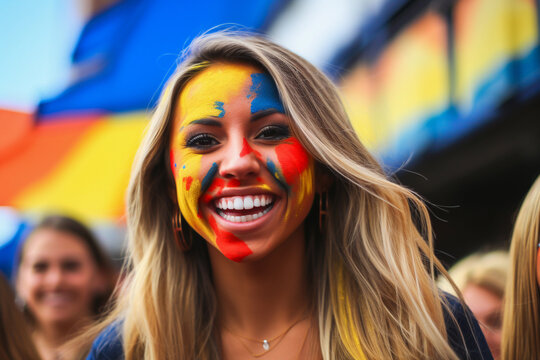 A Widely Smiling Girl With A Face Painted In The Colors Of The Colombian Flag