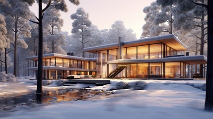 Fototapeta premium Modern new luxury residential building at winter forest. Snow. Private rich property