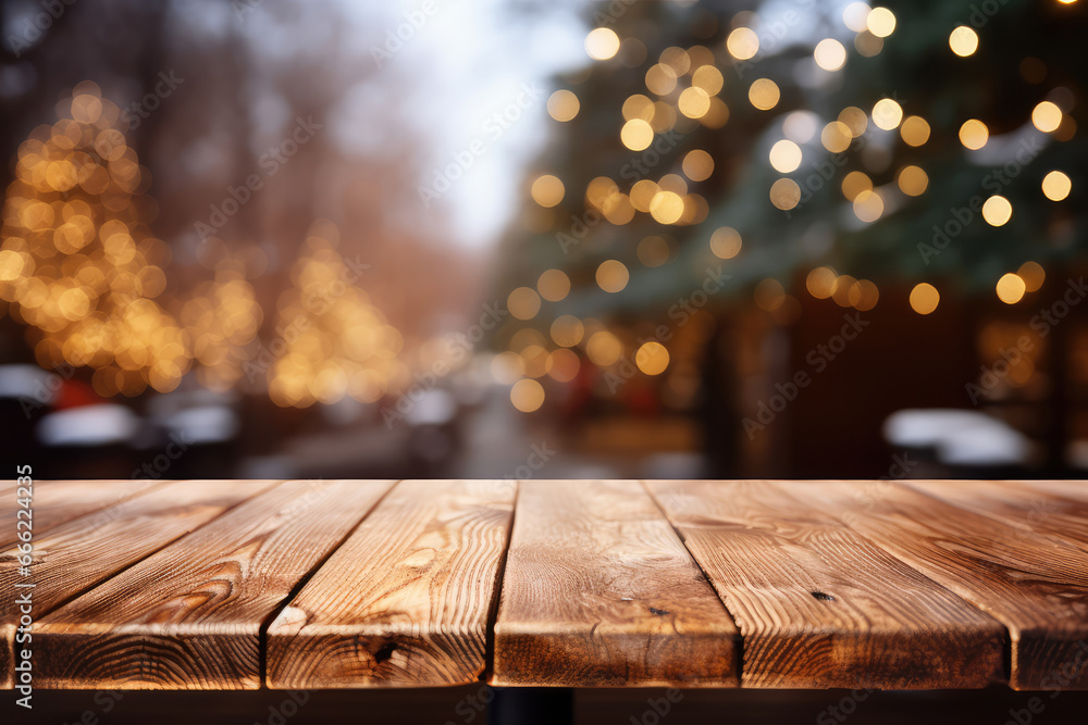 Poster empty wooden table and christmas tree bokeh background. for product display