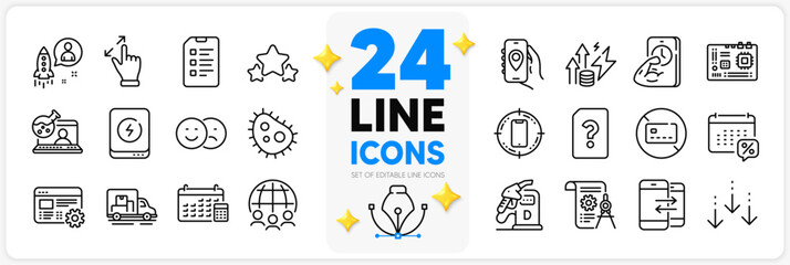 Fototapeta na wymiar Icons set of Checklist, Diesel station and Energy inflation line icons pack for app with Stars, Bacteria, No card thin outline icon. Touchscreen gesture, Fitness, Unknown file pictogram. Vector