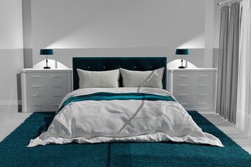 Interior of a bedroom with blue blanket on bed and pillows. 3d render