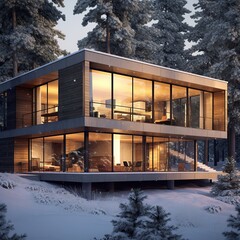 Modern new luxury residential building at winter forest. Snow. Private rich property