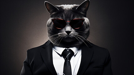 A cat wearing sunglasses and a suit with a tie.