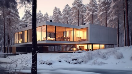 Fototapeta na wymiar Modern new luxury residential building at winter forest. Snow. Private rich property