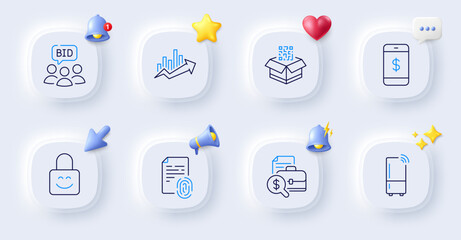 Accounting report, Refrigerator and Smartphone payment line icons. Buttons with 3d bell, chat speech, cursor. Pack of Qr code, Growth chart, Lock icon. Fingerprint, Auction pictogram. Vector