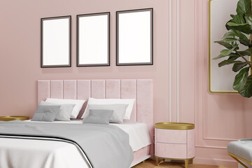 Interior of a bedroom with mockup frame, pink bed and pillows. Scandinavian style, 3d render
