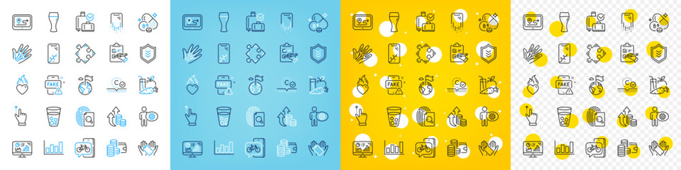 Vector icons set of Juice, Bike app and Destination flag line icons pack for web with Report diagram, Gps, Smartphone broken outline icon. Collagen skin, Analytics graph, Fake news pictogram. Vector