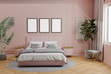 Interior of a bedroom with mockup frame, pink bed and pillows. Scandinavian style, 3d render