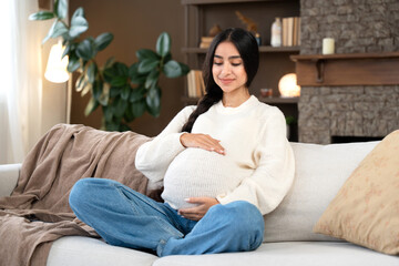 Pregnancy with beautiful pregnant woman hugging her belly sitting on the couch at home. Happy...