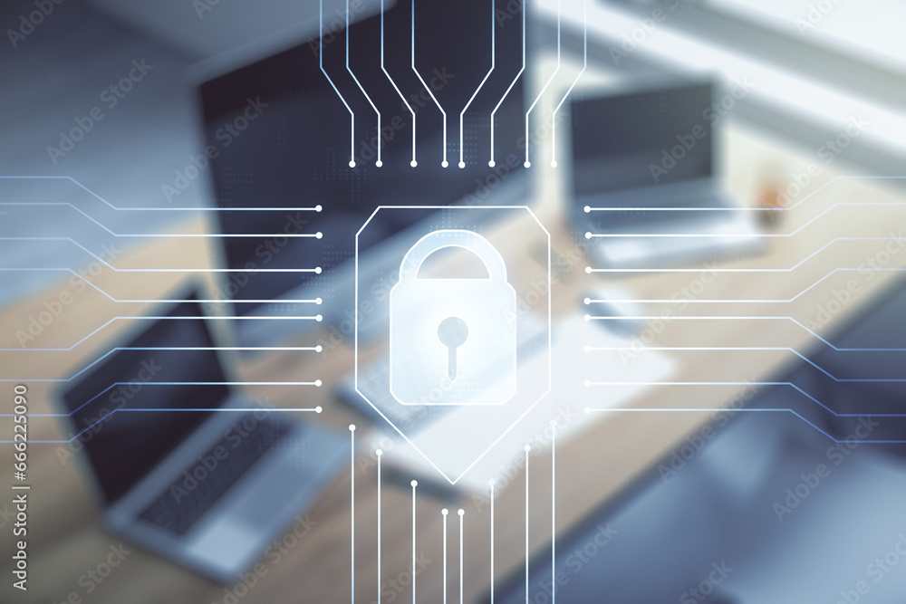 Leinwandbilder creative idea concept with lock symbol and microcircuit illustration and modern desktop with compute