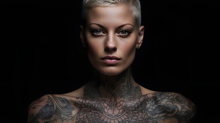 A portrait of a tattooed American woman with a bald head.
