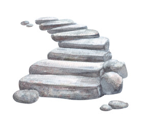 Old stone stairs. Hand painted watercolor illustration on a white background, not AI.