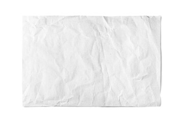 White crumpled rectangle sheet of paper with smooth edge isolated on white, transparent background, PNG. Recycled craft paper wrinkled, creased texture. Template, mockup with copy space for text.