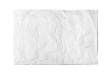 White crumpled rectangle sheet of paper with smooth edge isolated on white, transparent background, PNG. Recycled craft paper wrinkled, creased texture. Template, mockup with copy space for text.