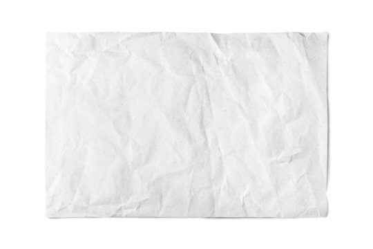 White crumpled rectangle sheet of paper with smooth edge isolated on white, transparent background, PNG. Recycled craft paper wrinkled, creased texture. Template, mockup with copy space for text.
