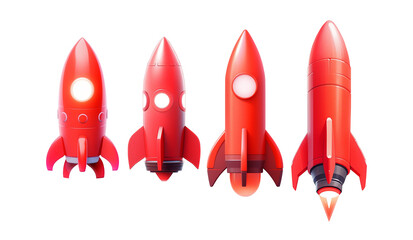 A collection of launched red cartoon rockets isolated on clear PNG background, made of precious metal. Successful start concept.