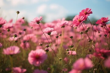Pink flowers in a field with a blurry foreground and background of flowers. Generative AI