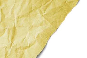 Recycled crumpled yellow paper texture with diagonal torn edge isolated on transparent, white background, PNG. Wrinkled and creased abstract backdrop, wallpaper with copy space, top view.