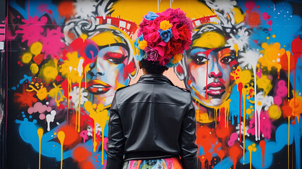 Amidst street art and graffiti, a passionate individual embraces radical self-expression with bold and unconventional attire, celebrating authenticity through vibrant colors and bold details. - obrazy, fototapety, plakaty
