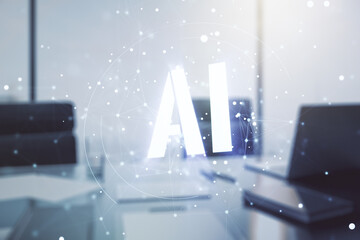 Creative artificial Intelligence symbol concept and modern desktop with computer on background. Multiexposure
