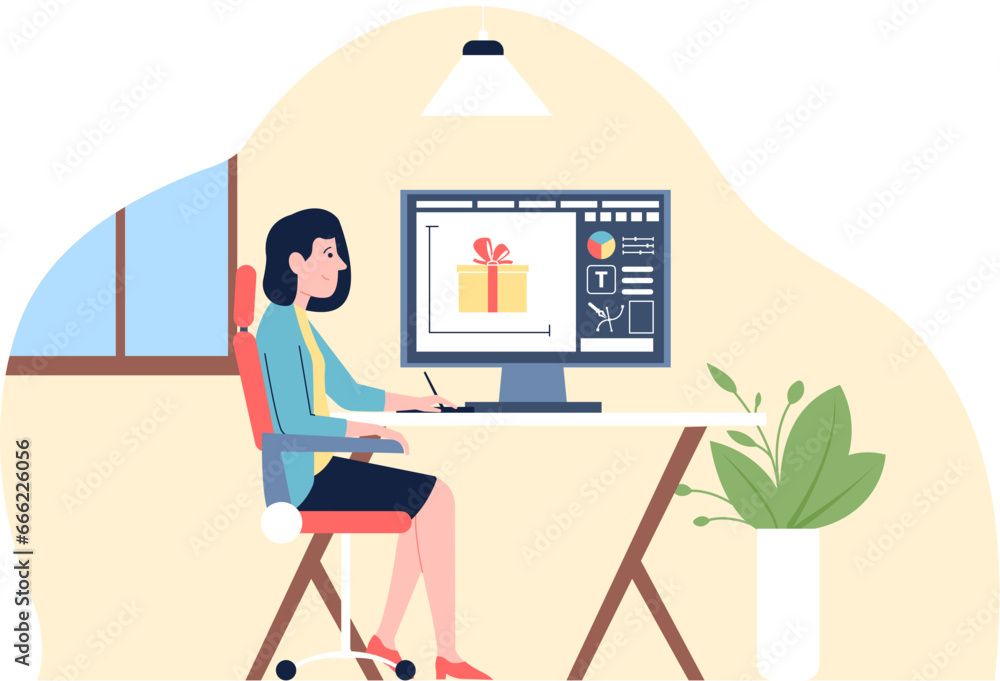 Poster digital designer working from home. female illustrator work, new project and creating process. flat 
