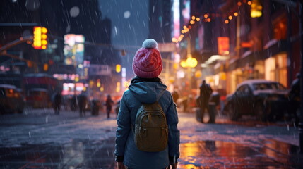 Joyful little girl in the background of city lights in the snow.