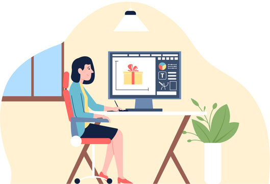 Digital designer working from home. Female illustrator work, new project and creating process. Flat woman designing, recent vector scene