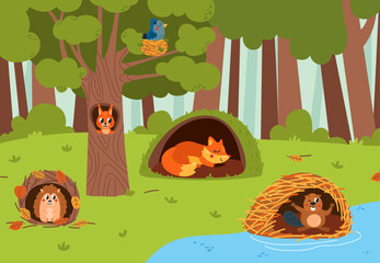 Woodland animals in holes forest landscape. Cute cartoon fox, squirrel and hedgehog. Cartoon beaver on dam and bird in nest classy vector background - obrazy, fototapety, plakaty