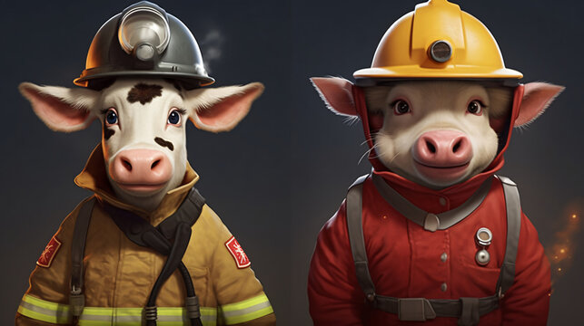 Cute cows dressed as firefighters