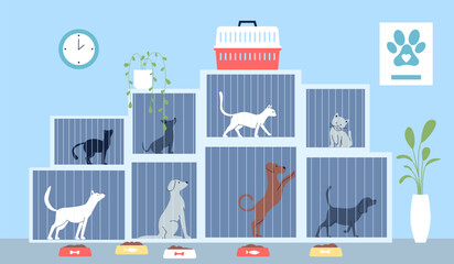 Animal shelter with dogs and cats in cages. Feeding homeless animals, adopt me concept. Social work or volunteering recent vector flat illustration