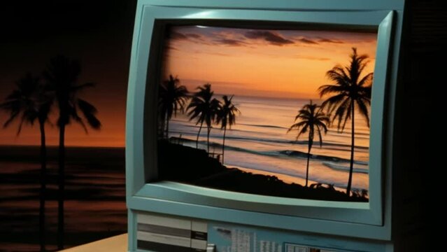 Beach Sunset with an Old CRT Computer Monitor, Displaying a Scenic Beach Sunset with Palm Trees