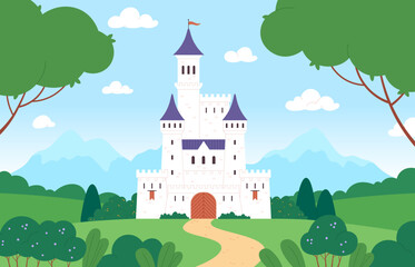 Naklejka premium Fairy castle on fantasy meadow in forest. Tale landscape with medieval building for princess or king. Housing with gates, towers and flags racy vector backdrop